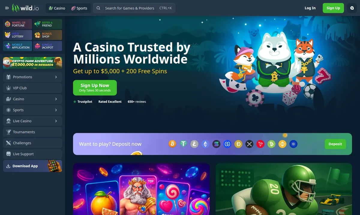 The Wild.io lobby with the coin selector open