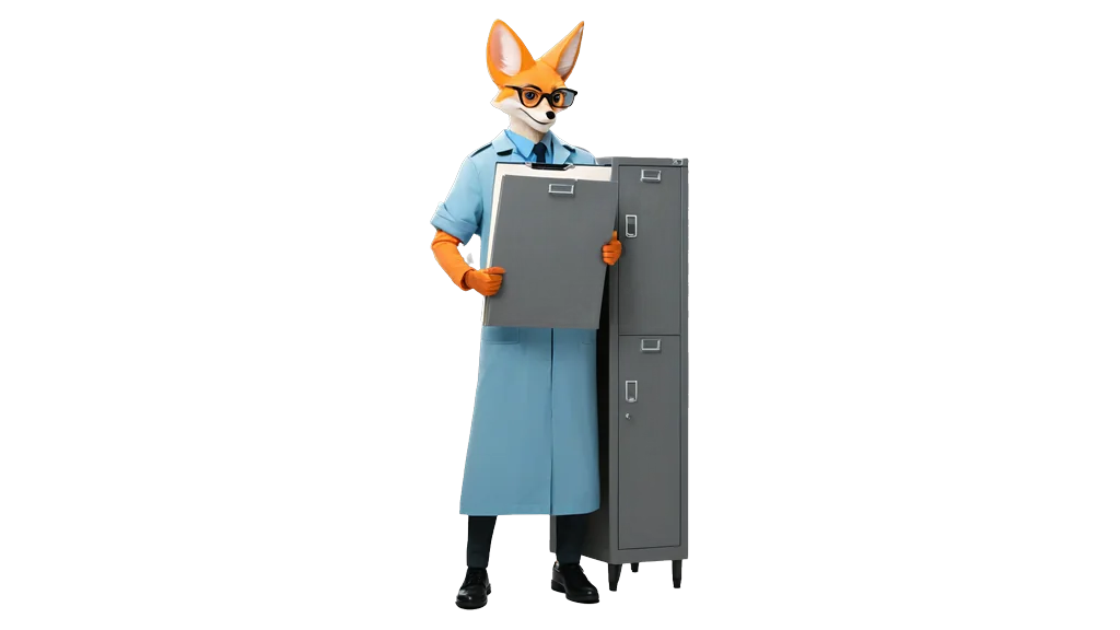 A drawing of a fennec fox in a pale blue coat standing beside a tall grey filing cabinet, holding an open folder