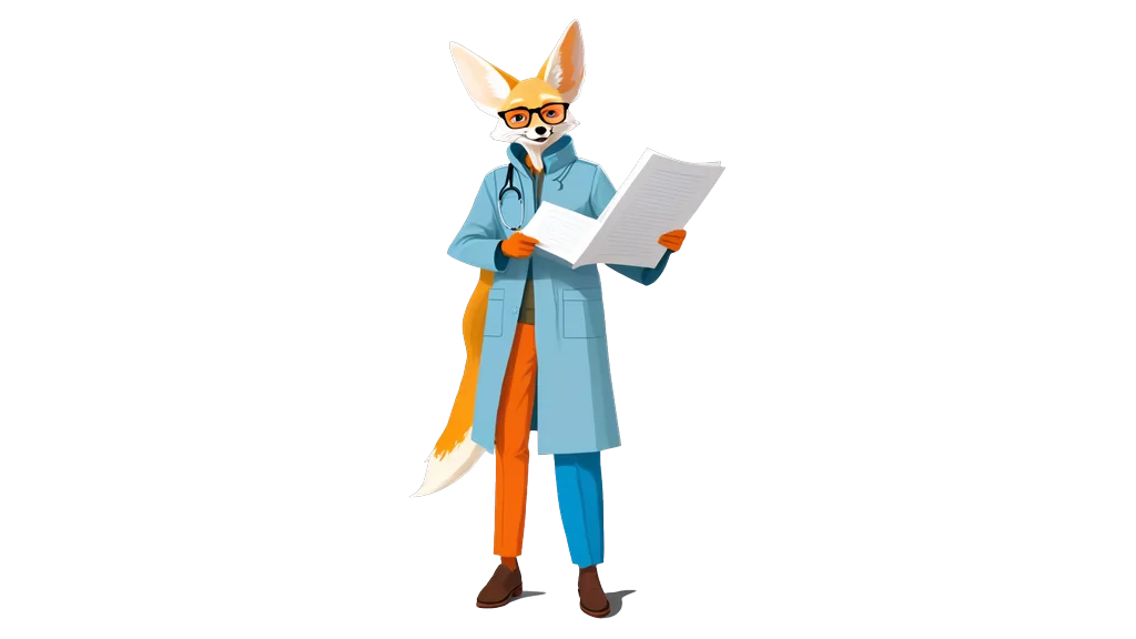 A drawing of a fennec fox in a pale blue coat holding a large printed sheet open in both paws and reading it