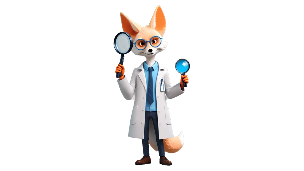 A drawing of a fennec fox in a white lab coat and round glasses, holding a magnifying glass up in each paw