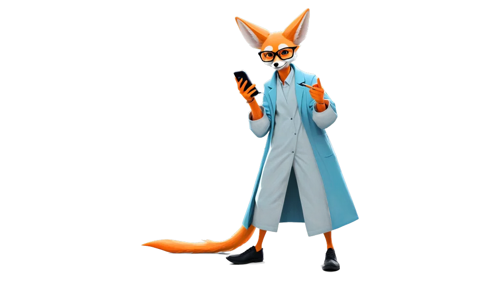 A drawing of a fennec fox in a pale blue coat holding up a phone in one paw and pointing at its screen with the other